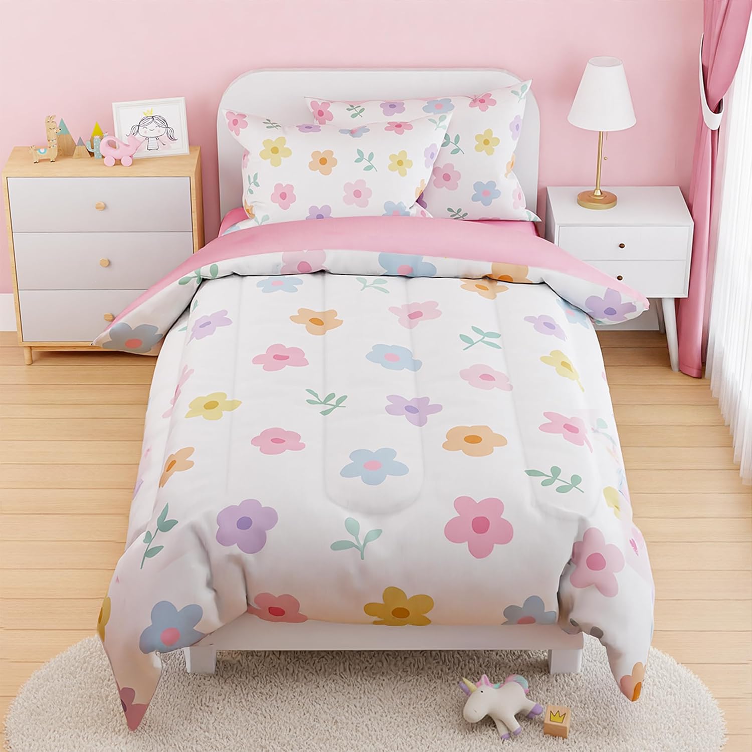 Floral Comforter Set Twin Size for Kids Girls - Cozy Bedding