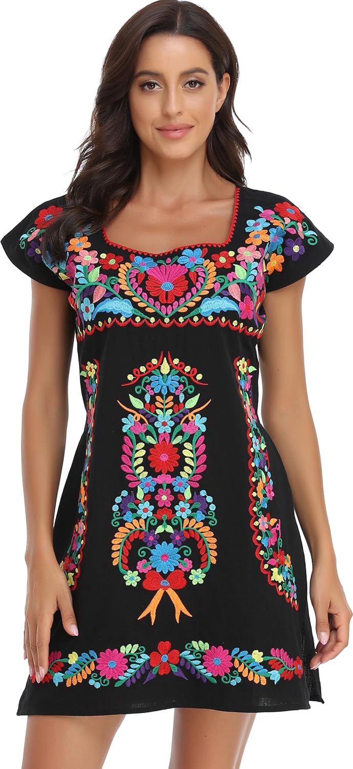 YZXDORWJ Women Mexican Embroidered Dress with Ruffle Collar