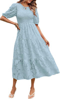 MEROKEETY Puff Sleeve Smocked Floral Midi Dress - Flattering Summer