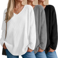 3 Pack Women's Oversized Waffle Knit Shirts V Neck Long Sleeve Top go