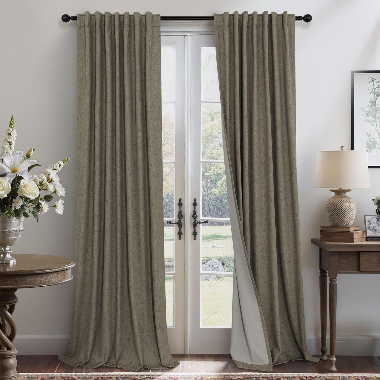 Linen Brown Blackout Curtains for Bedroom 84 Inch Long Panels