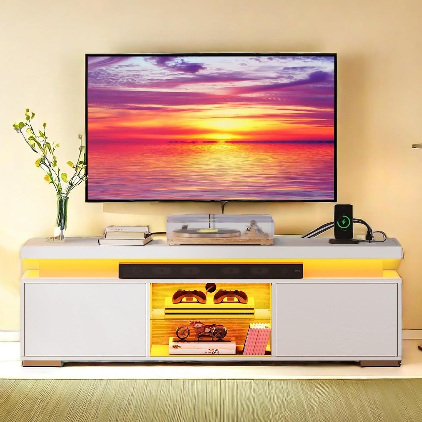 Modern White TV Stand | 65-inch Entertainment Center with LED Storage