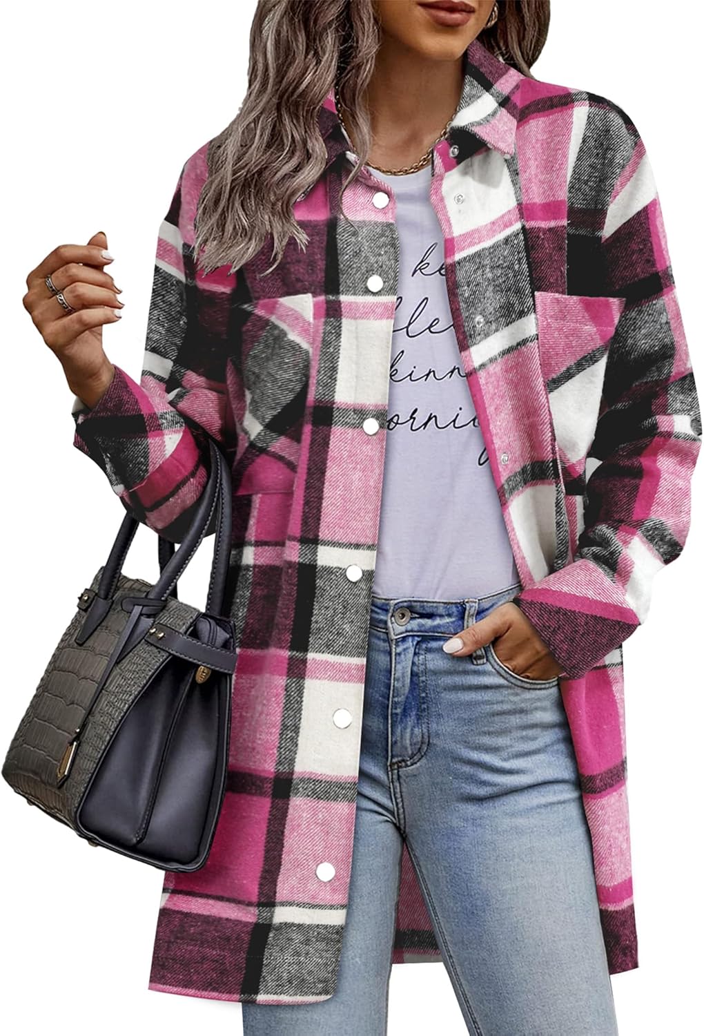HOTOUCH Womens Winter Flannel Plaid Shacket with Pockets