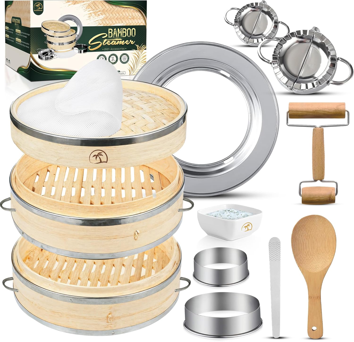 UPGRADED Bamboo Steamer Basket 10-Inch 2-Tier for Cooking