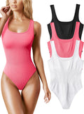 OQQ Women's Ribbed Square Neck Bodysuit 3-Pack - Soft Stretchy Fit