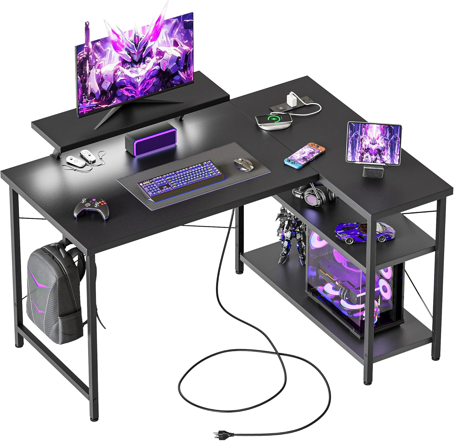 L Shaped Computer Desk with Power Outlets for Small Spaces