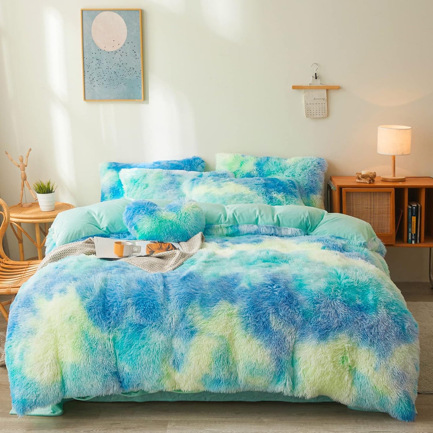 Tie Dye Plush Fluffy Comforter Cover Set Queen - Soft Faux Fur