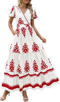 Womens Boho V Neck Maxi Dress with Pockets - Flowy Tiered Fit