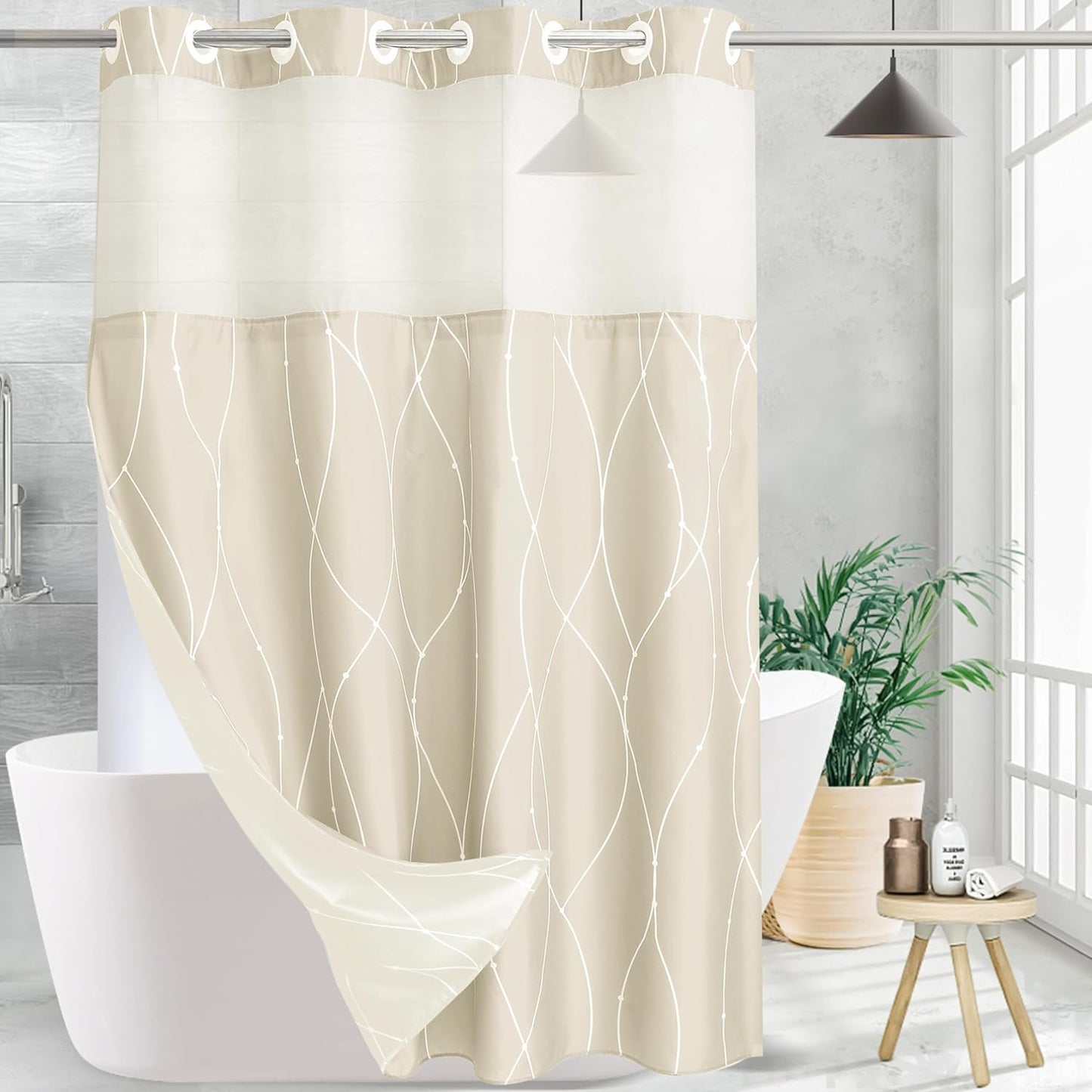 Beige White Striped Fabric Shower Curtain with Snap in Liner