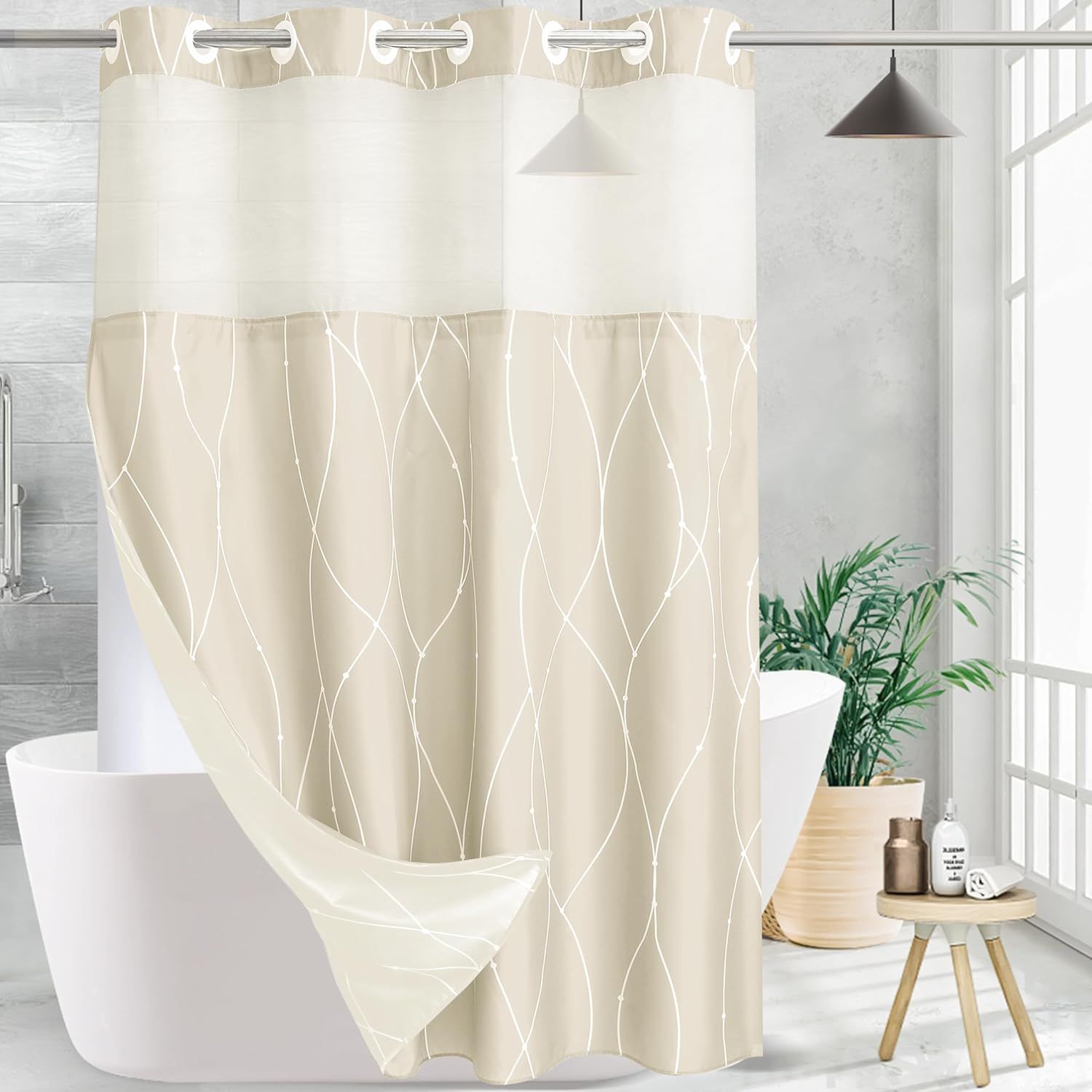 Beige White Striped Fabric Shower Curtain with Snap in Liner