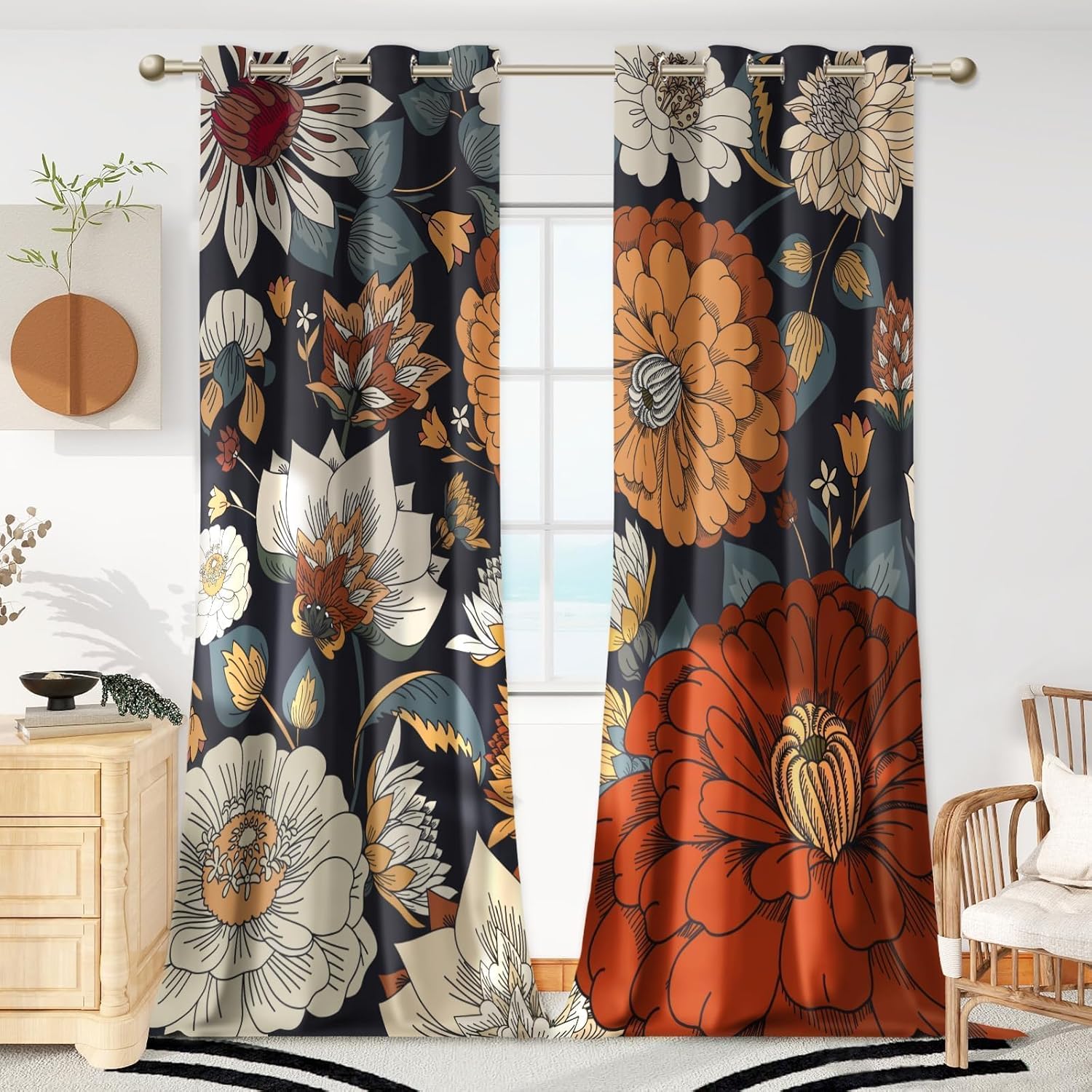 100% Blackout Boho Floral Curtains for Bedroom 108 in Long