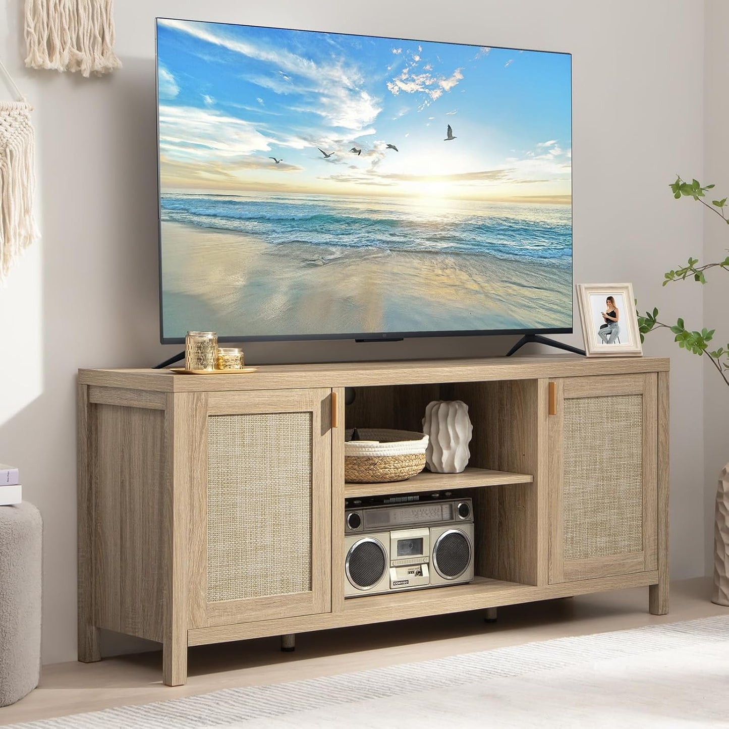 Boho Rattan TV Stand - 59 Media Console, Storage, Adjustable Shelf