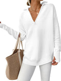 Womens Long Sleeve Quarter Zip Ribbed Pullover - Loose Fit