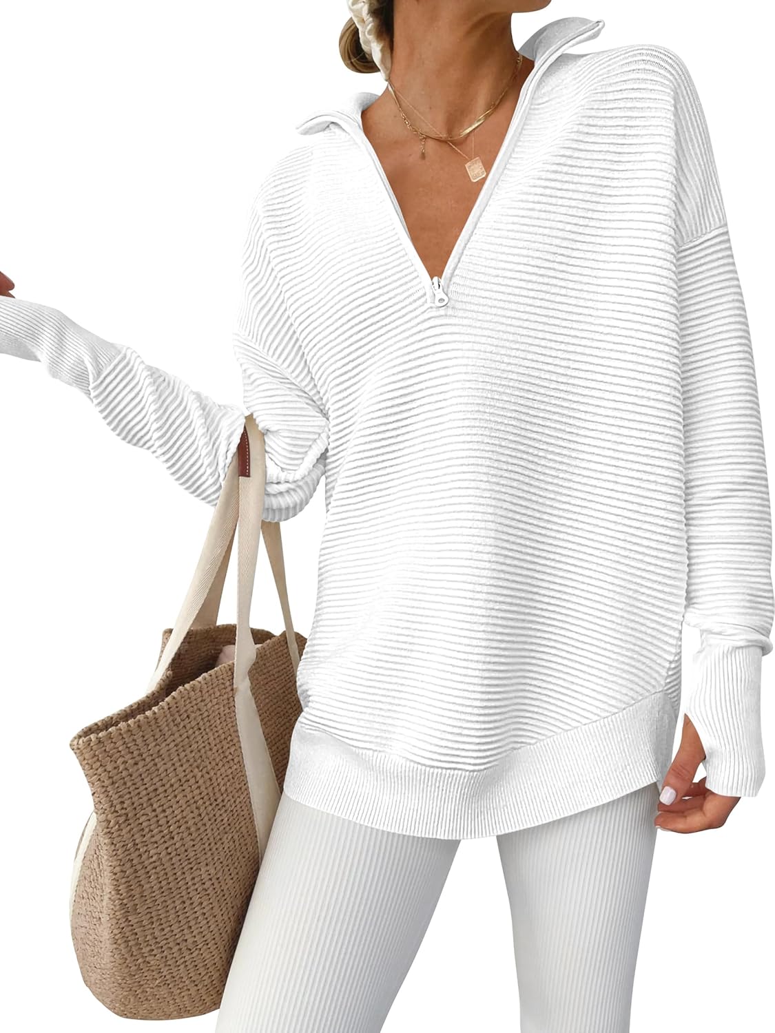 Womens Long Sleeve Quarter Zip Pullover Sweater for Casual Wear