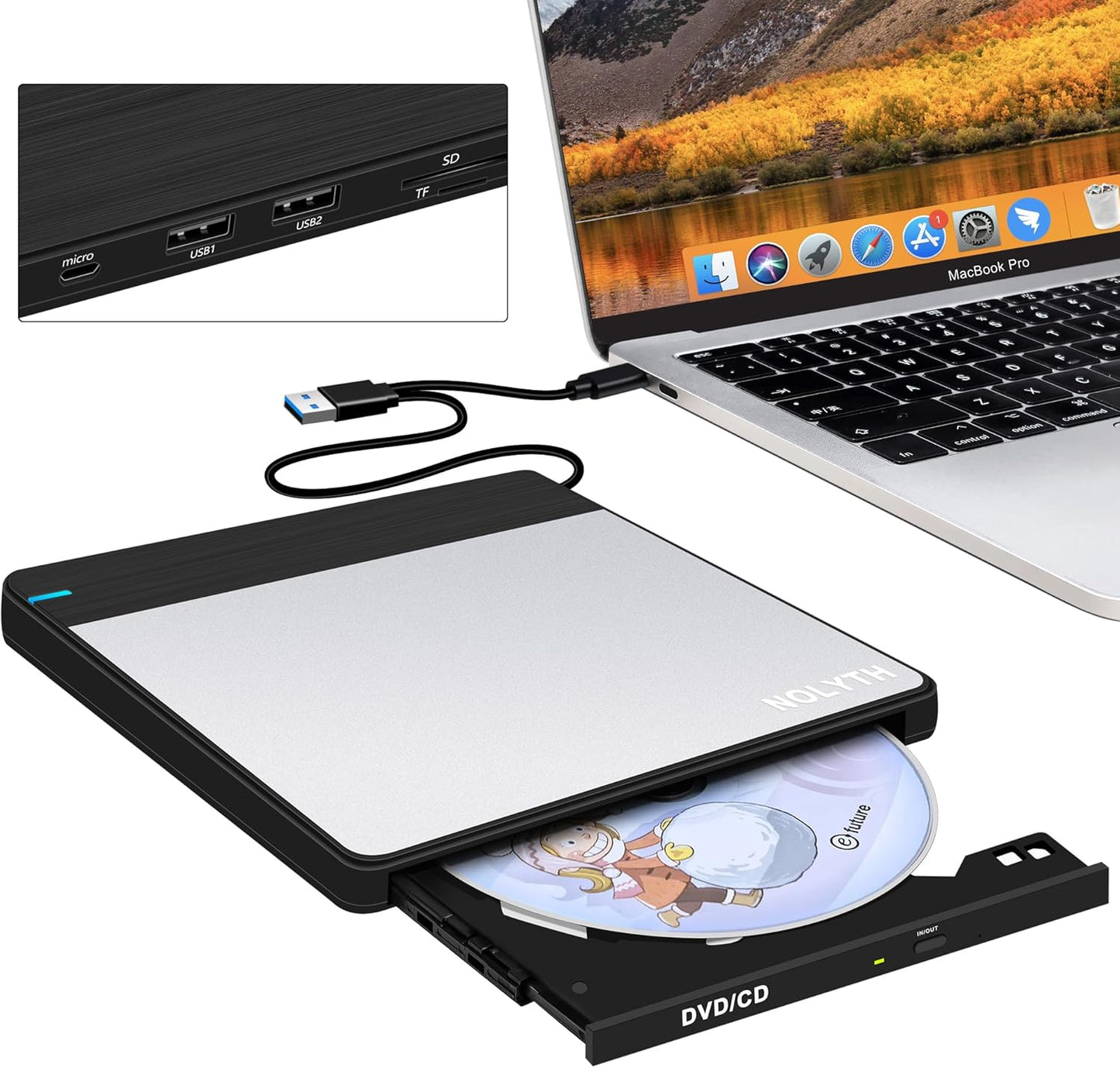 NOLYTH USB-C CD/DVD Drive: Slim & Portable