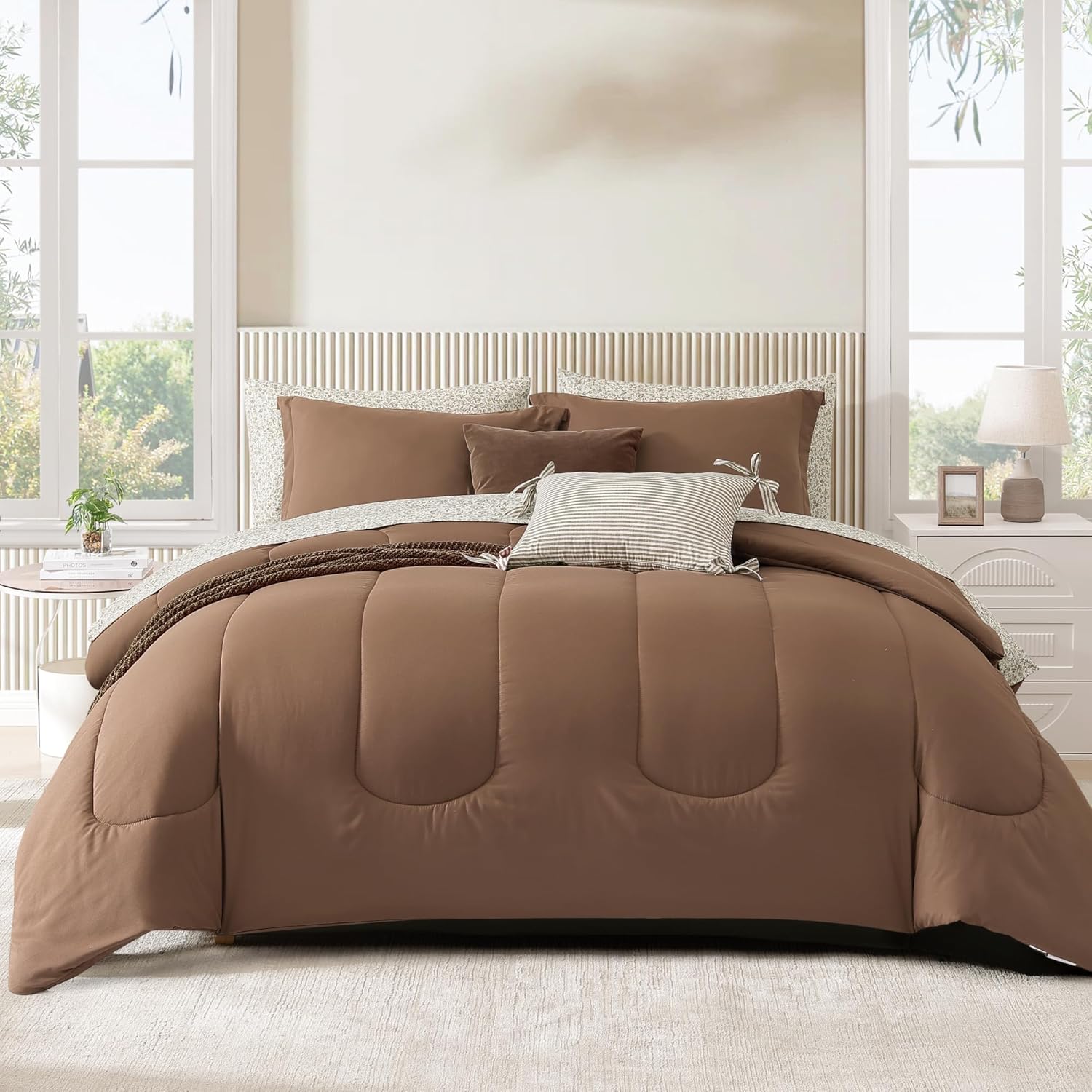 Monbix Queen Comforter Set - 7 Pieces Brown Bed in a Bag