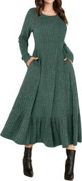 Long Sleeve Midi Dress Rib Knit A Line Swing - Casual Flowy Midi
