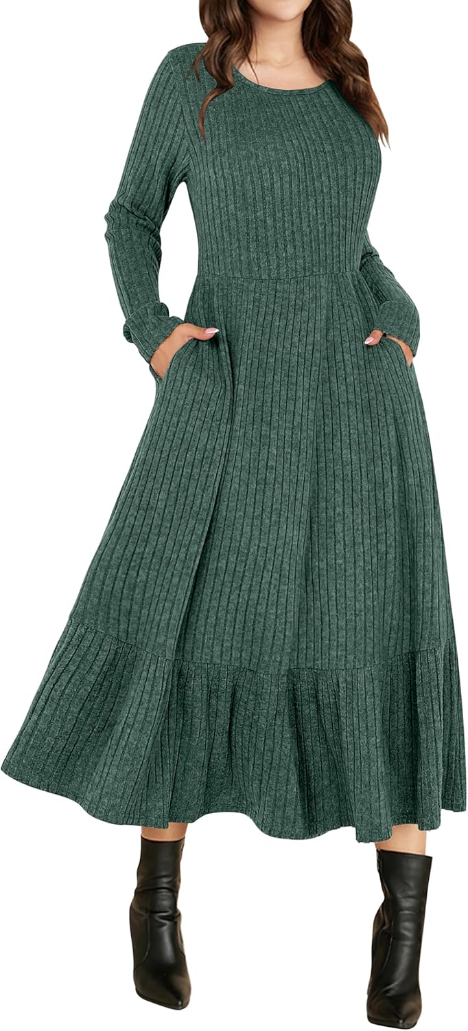 Womens Long Sleeve Midi Dress with Pocket for Fall 2025