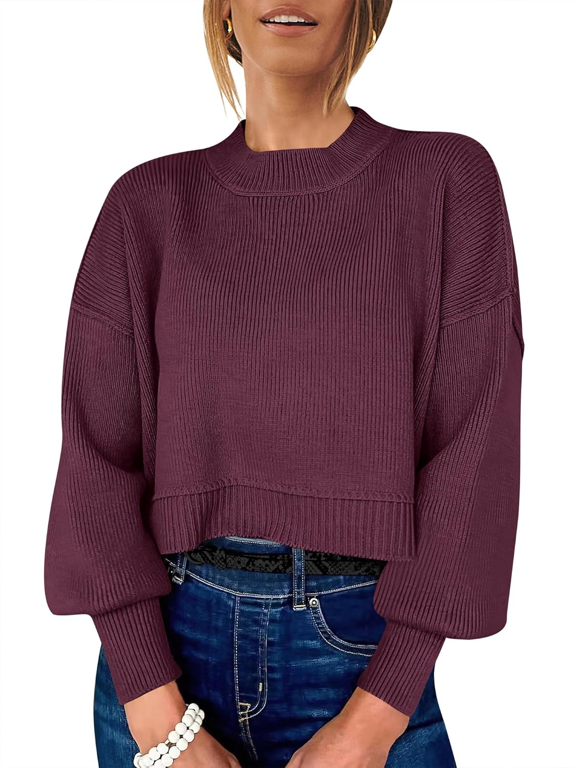 Womens Cropped Sweaters Oversized Crewneck for Fall Fashion