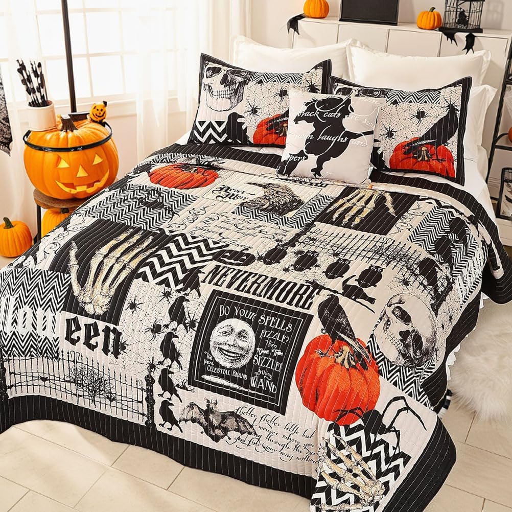 EVENHUG Halloween Quilt Set Queen Size Bedspread for Spooky Nights