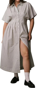 Women's Striped Button Front Pleated Maxi Shirt Dress - Casual Corset