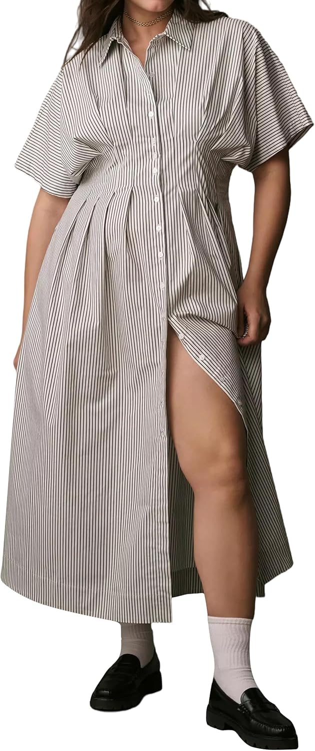 Women's Striped Button Front Pleated Maxi Shirt Dress for Summer