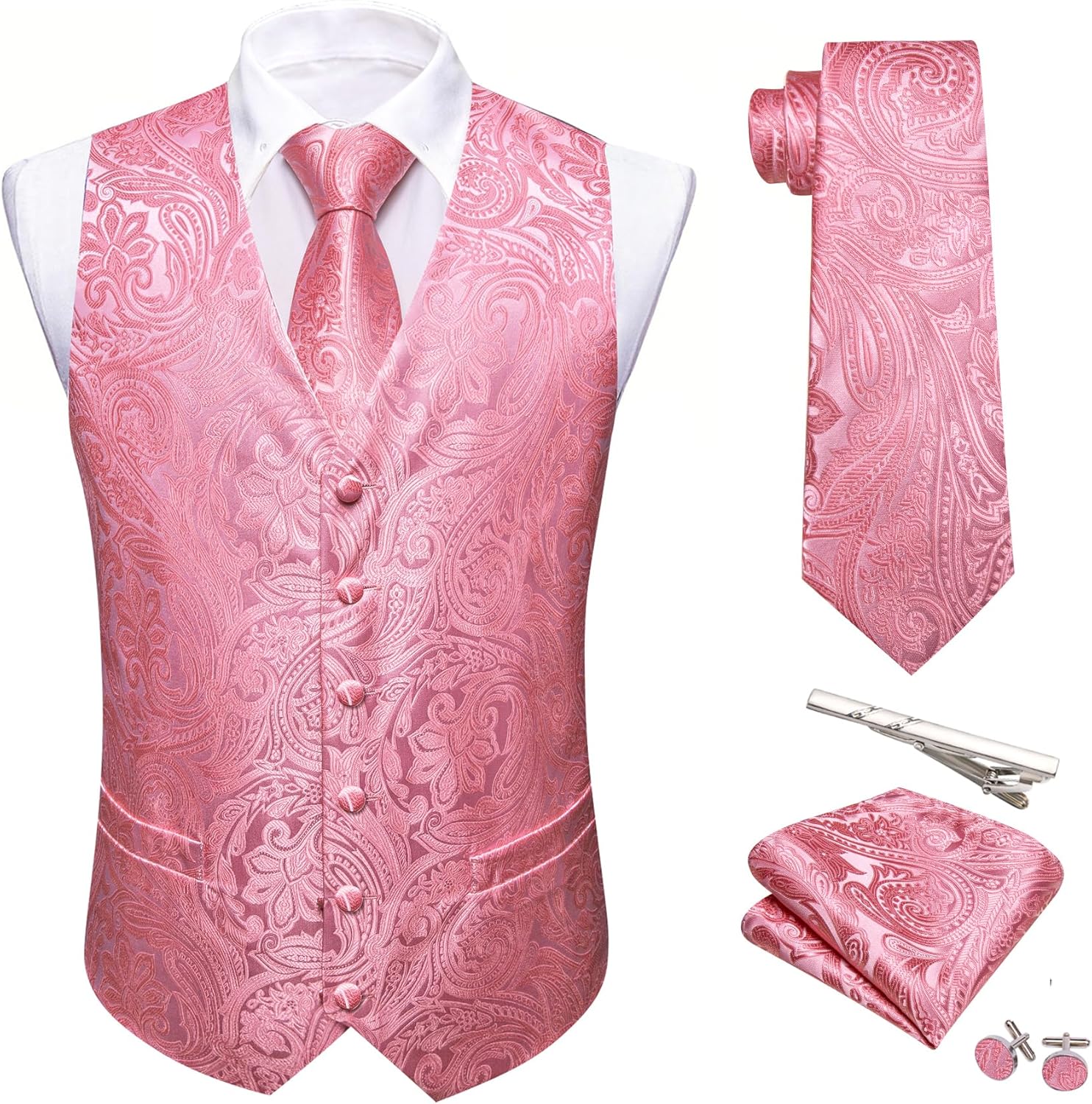 Barry.Wang Mens Suit Vest Set with Silk Jacquard Waistcoat
