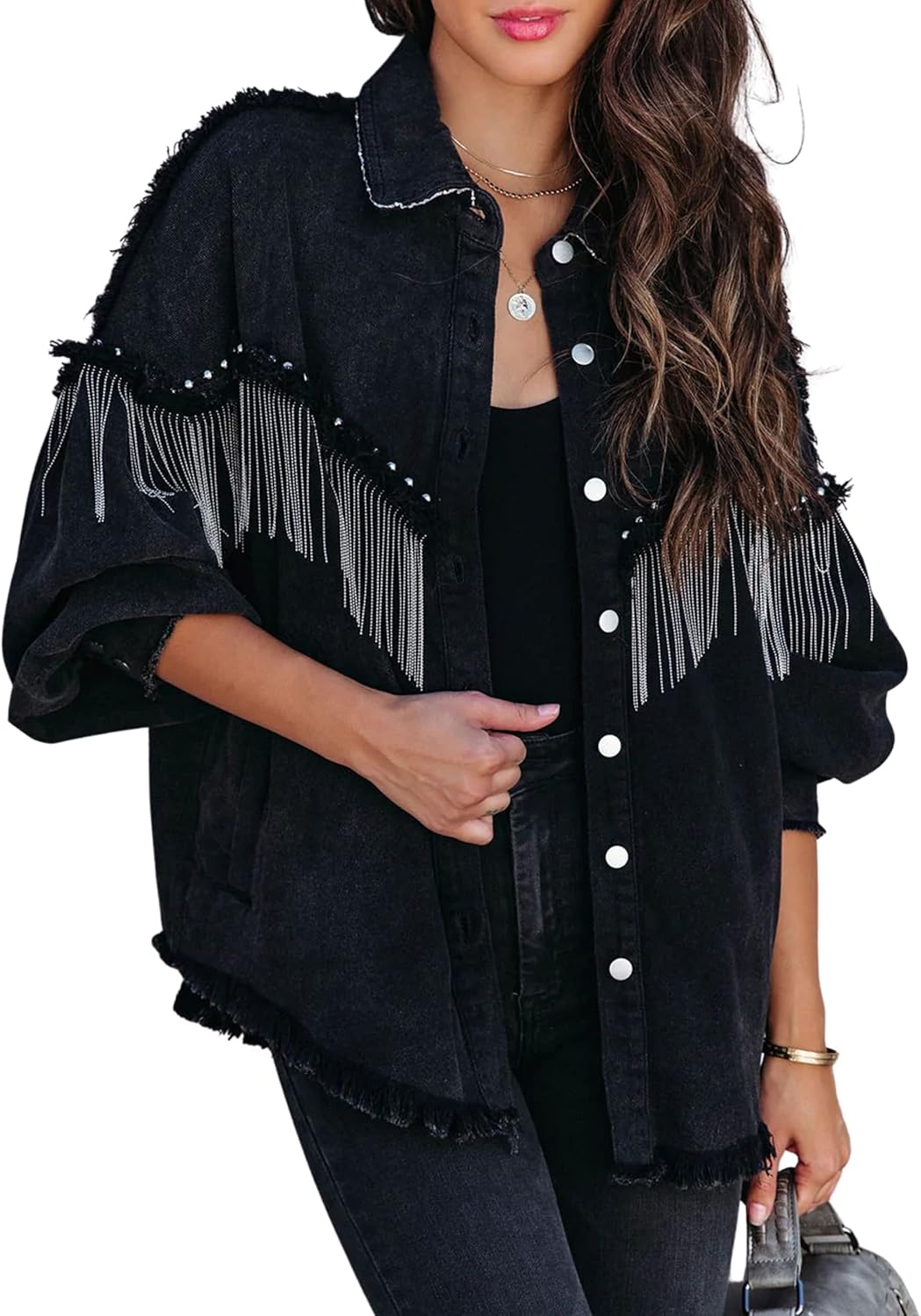 Oversized Fringe Denim Jacket for Women - Trendy Cowgirl Style