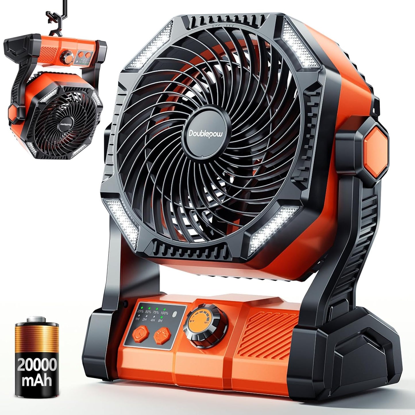 Camping LED Fan with Light - 40000m Rechargeable Battery Power