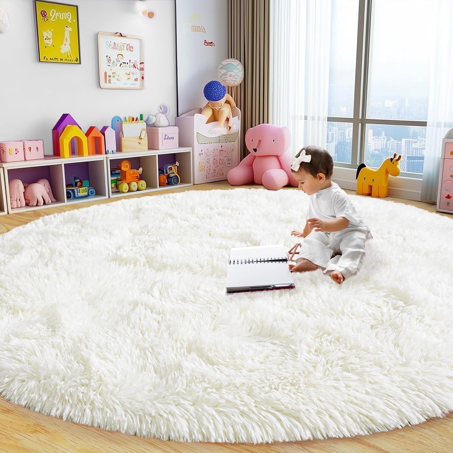 Round Fluffy Rugs 7Ft for Girls Bedroom - Soft Cream White Decor