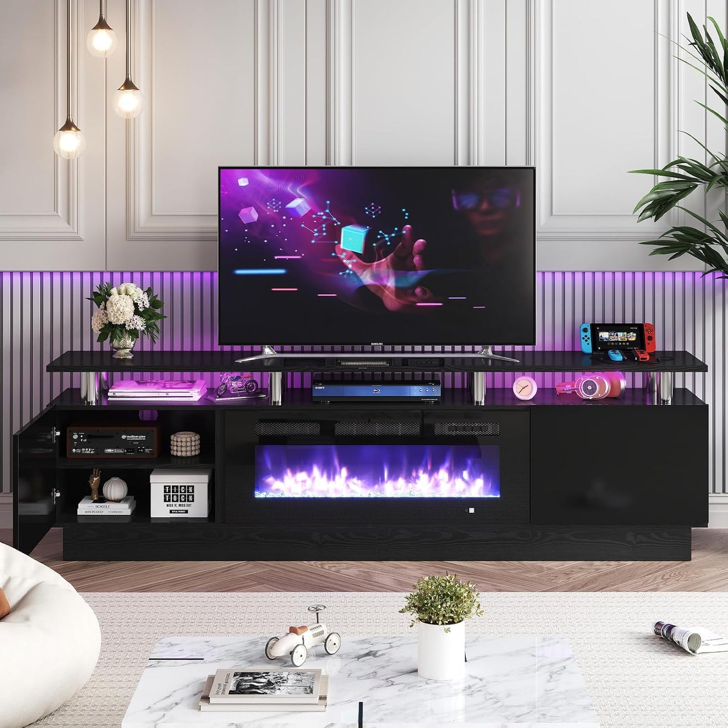 Modern Electric Fireplace TV Stand for 80 TVs, LED Lights, Storage - 70 Black
