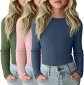 3 Pack Girls Long Sleeve Ribbed Cotton Shirts - Slim Fit Layering Soft
