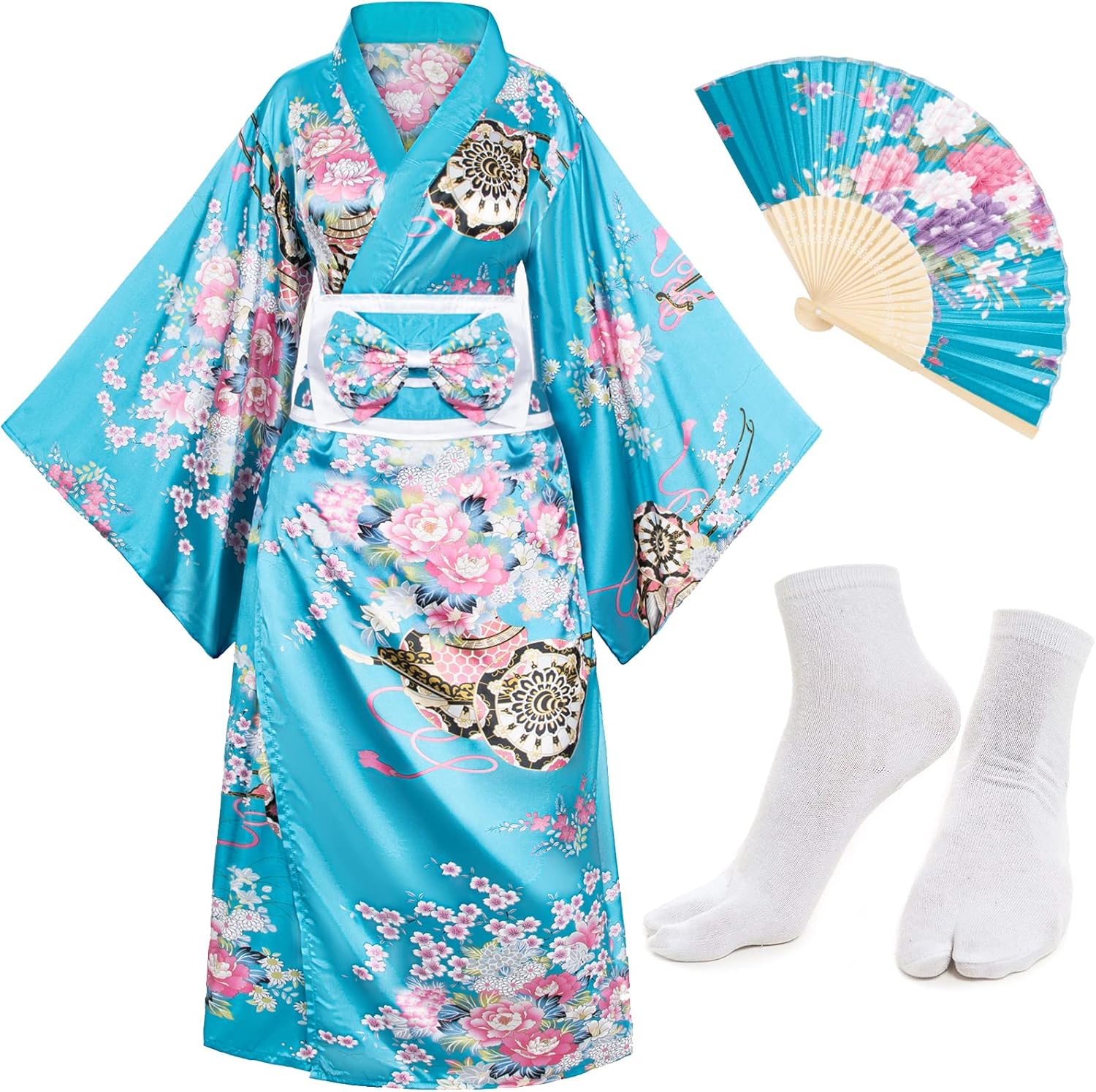 Japanese Anime Women's Kimono Robe Geisha Yukata Dress Set