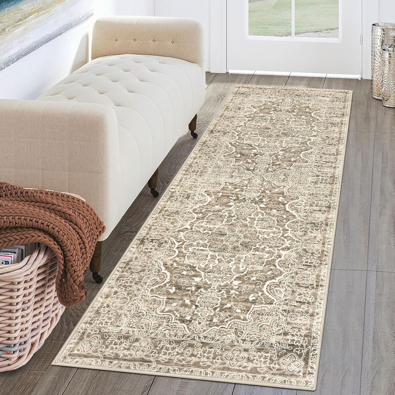 KUTA Runners for Hallways 2x6 Beige Brown Vintage Floral Rugs