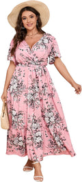 KOJOOIN Women Plus Size V Neck Wrap Maxi Dress for Summer Fun