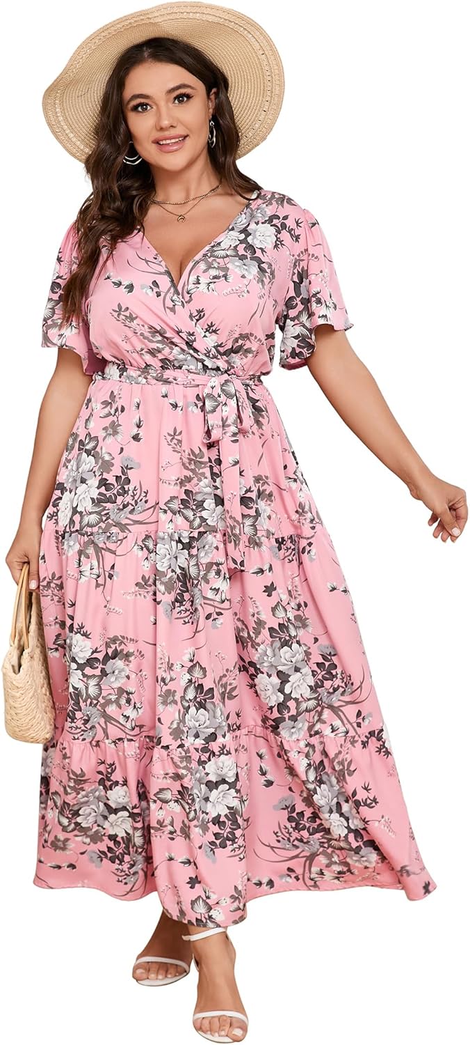 KOJOOIN Women Plus Size V Neck Wrap Maxi Dress for Summer Fun