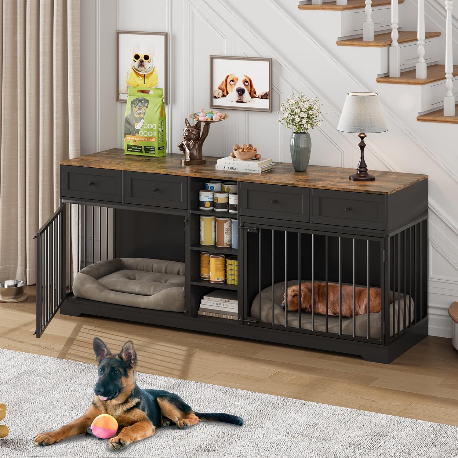Large Dog Crate for 2 Dogs with Storage and Safety Features