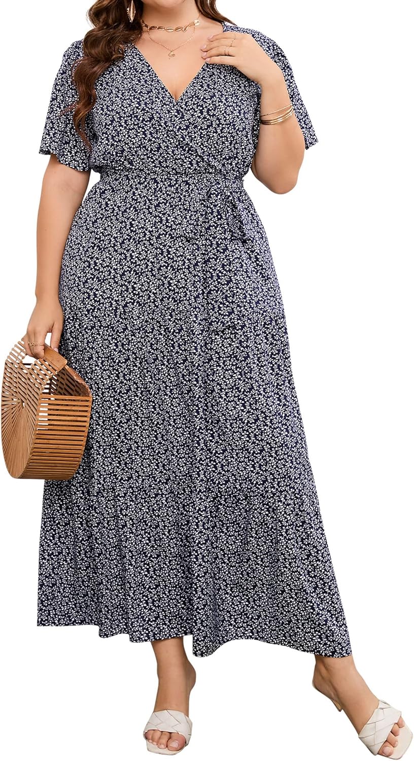 Plus Size V Neck Wrap Maxi Dress for Women by KOJOOIN