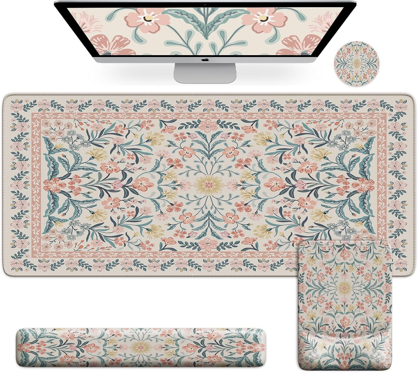 iCasso Pink Floral Desk Mat - 4 in 1 Gaming Mat Set
