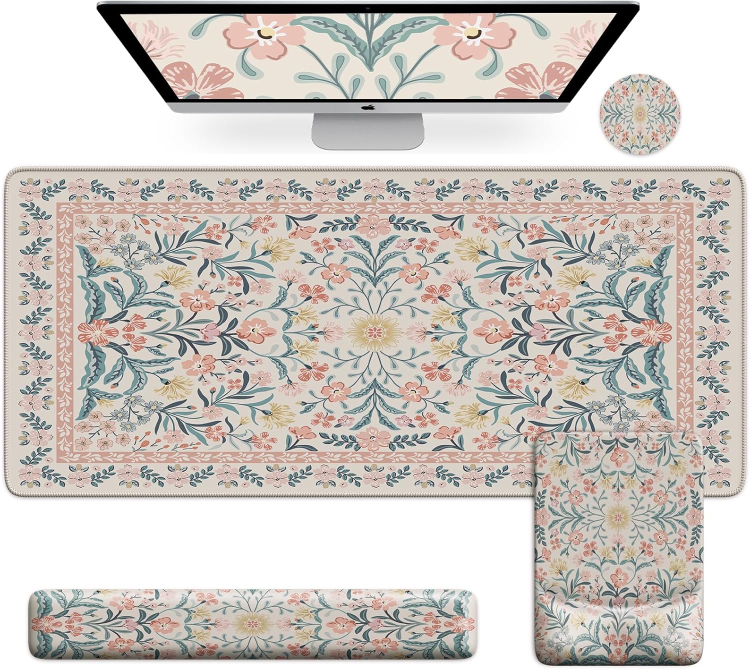 iCasso Pink Floral Desk Mat - 4 in 1 Gaming Mat Set