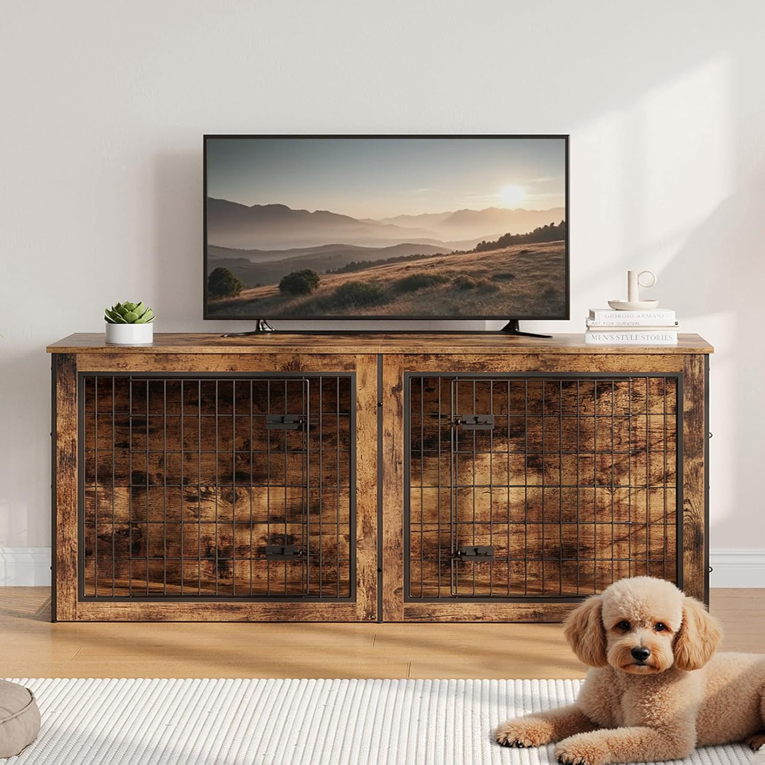 Large Double Dog Crate Furniture for 2 Dogs, Rustic Brown