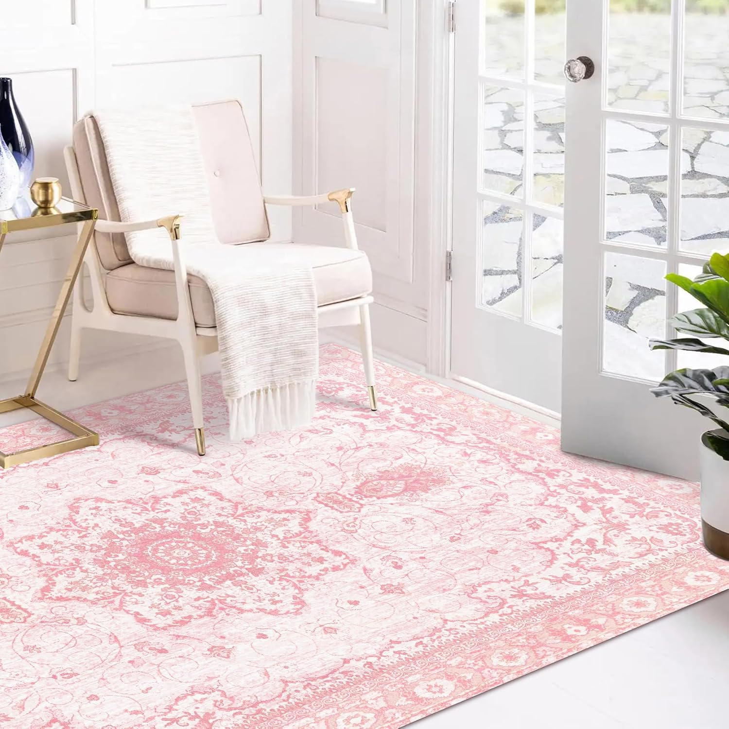 Vintage Pink Honeycomb Non Slip Area Rug for Home Spaces