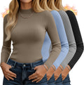 4 Pack Women's Mock Neck Long Sleeve Tops Ribbed Slim Fitted Cotton -5