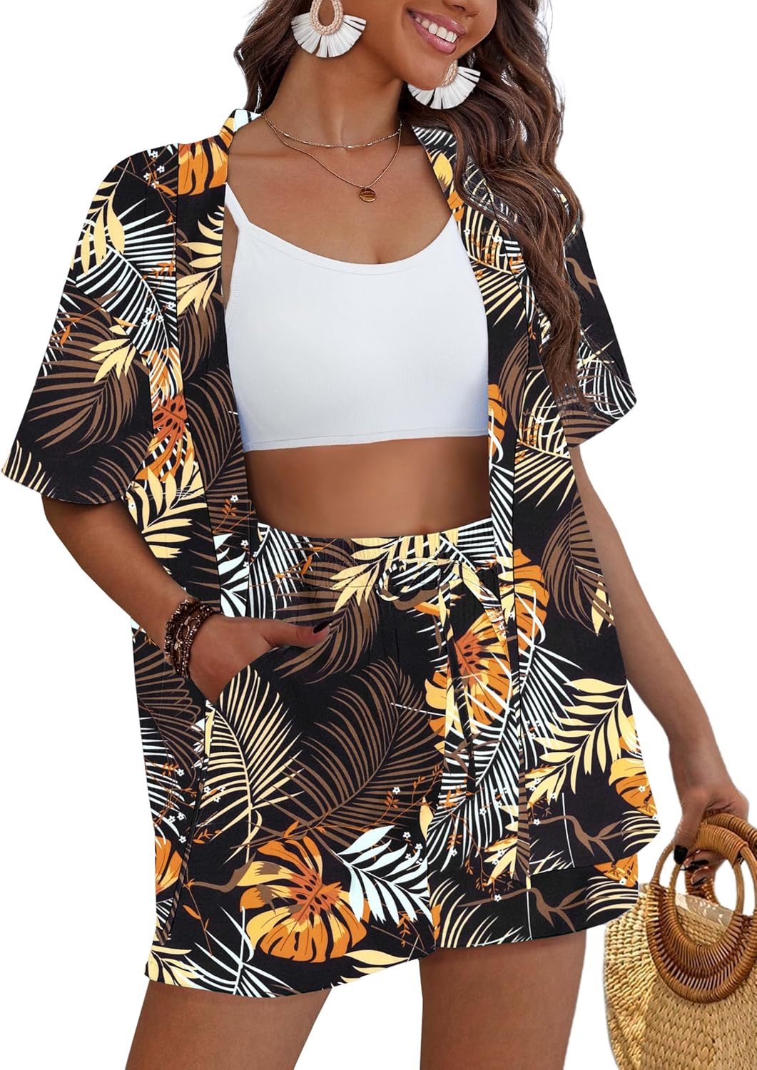 Tropical Print Kimono Style Women's 2 Piece Outfits for Summer