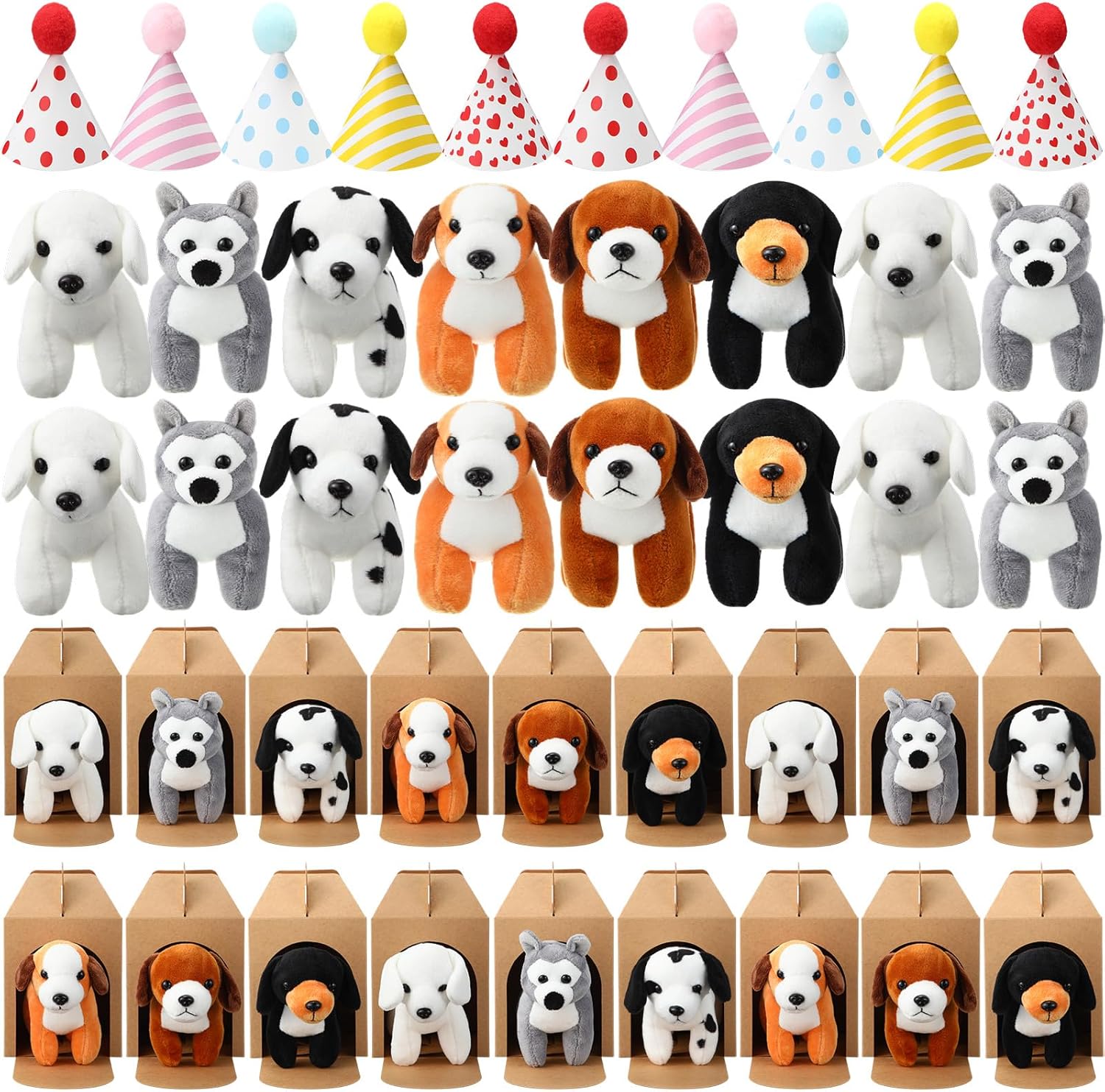 20 Pcs Mini Plush Toy Stuffed Dogs Set with Birthday Hats