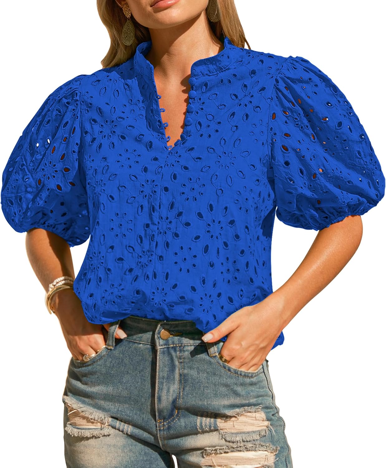 Womens Eyelet Summer Tops with Lantern Sleeves for Casual Style