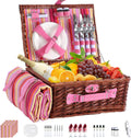 Picnic Basket Set for 4 with Pink Red Stripe - Complete Picnic