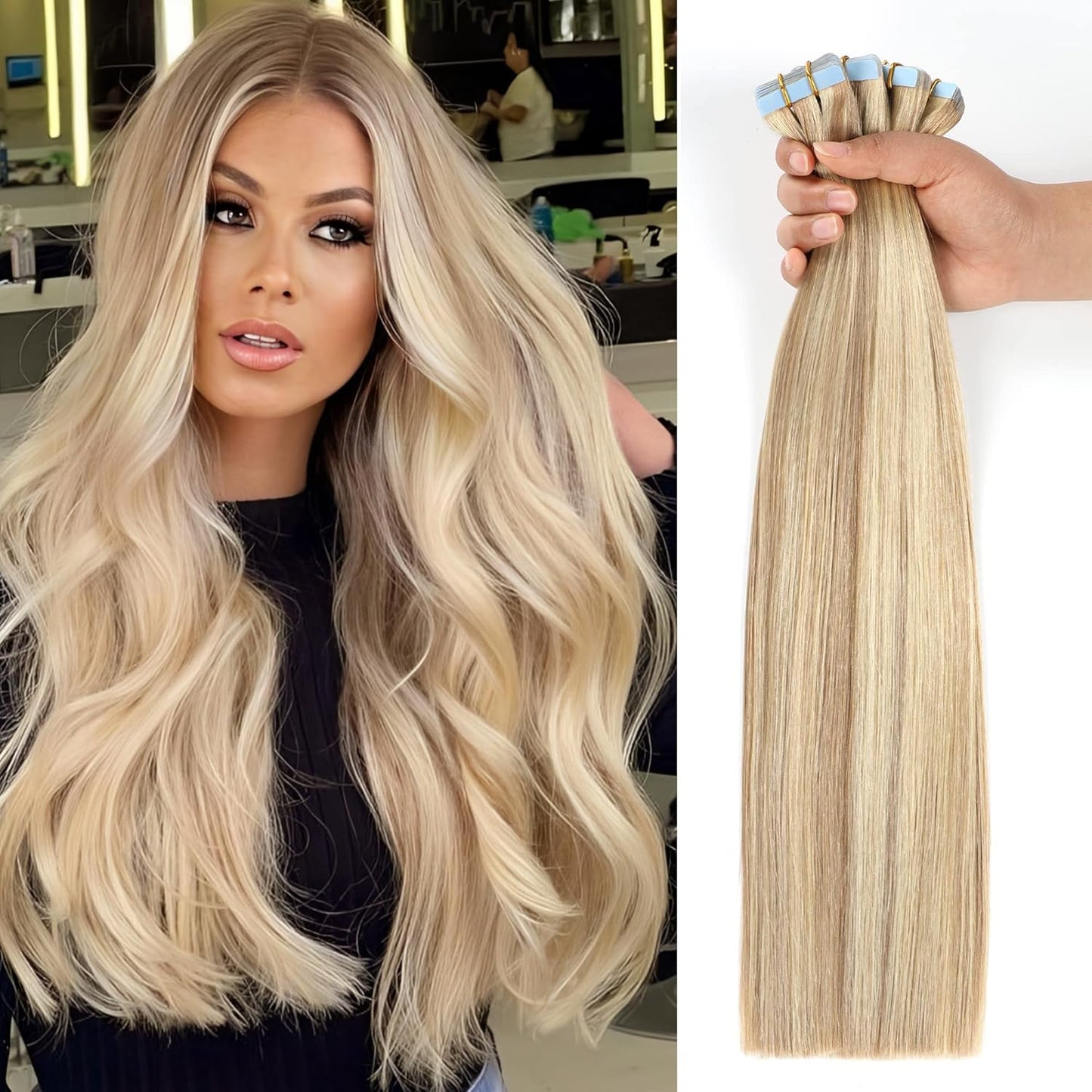 Tape in Hair Extensions Human Hair Ash Blonde Highlighted 16 in