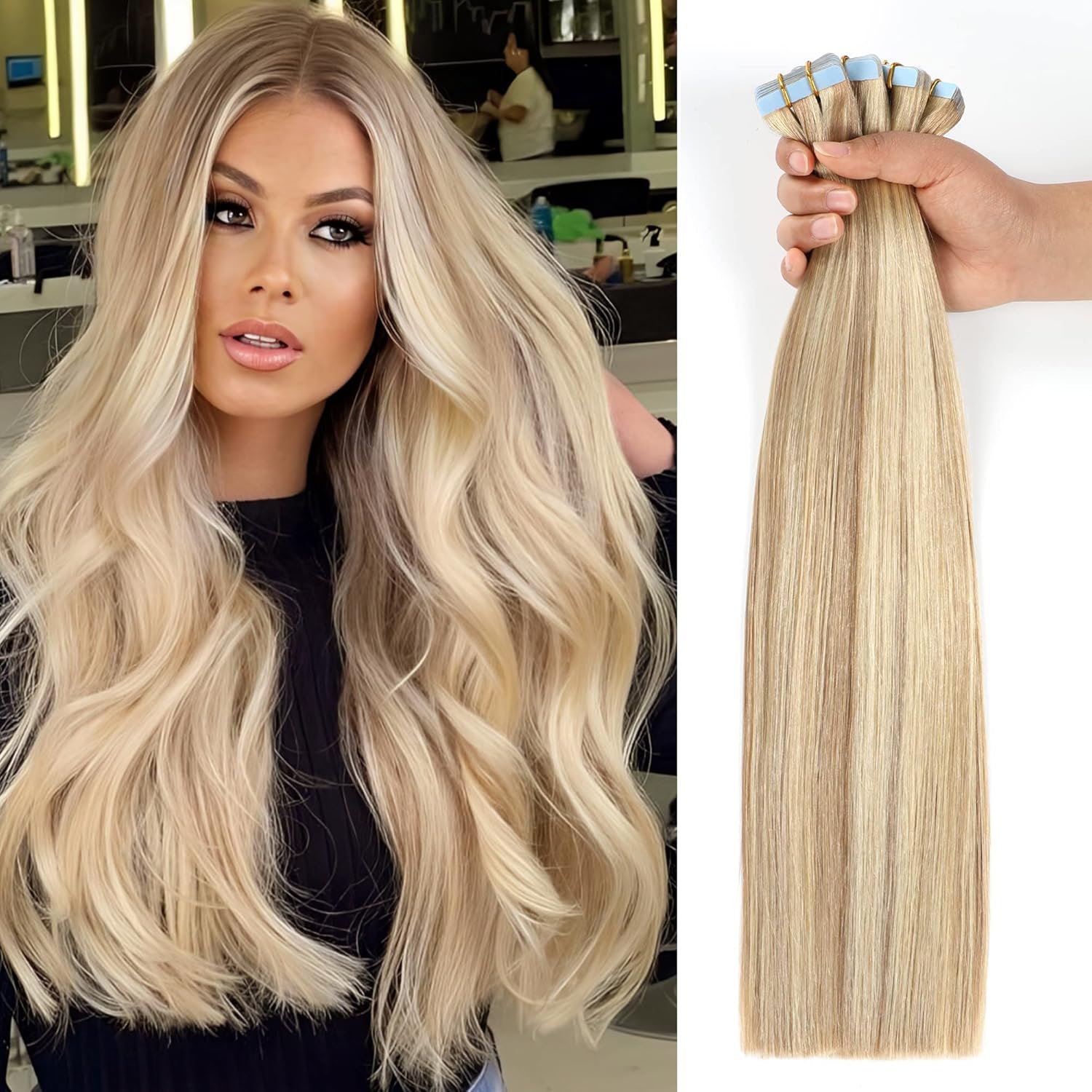 Tape in Hair Extensions Human Hair Ash Blonde Highlighted 16 in