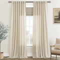 Faux Linen Beige Curtains 90 in Long Panels - Light Filtering Rustic